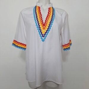 Mazik White Multicolored Trim Mandarin Collar Bohemian Hippie Boho Tunic Top- M